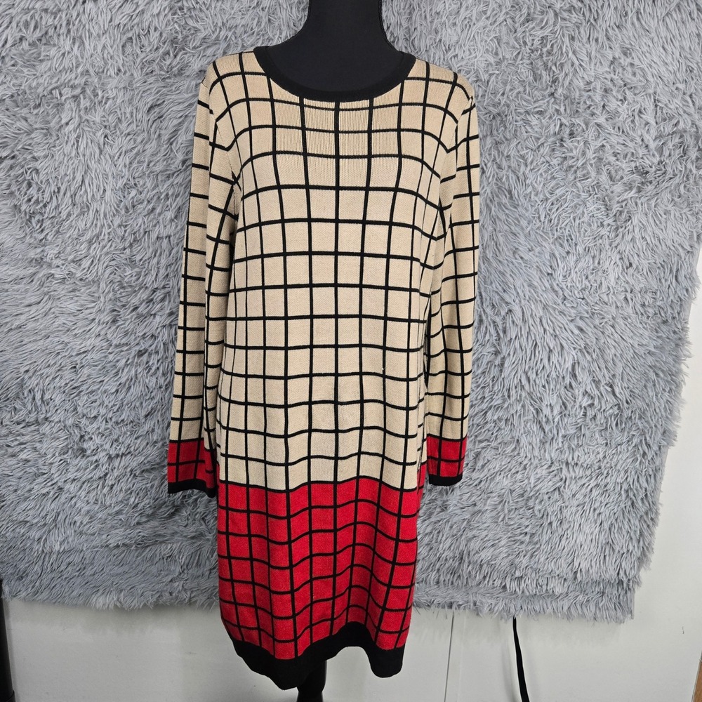 J Howard Sweater Dress Womens XL‎ Tan Black Red Grid Colorblock Knit BK5M8527